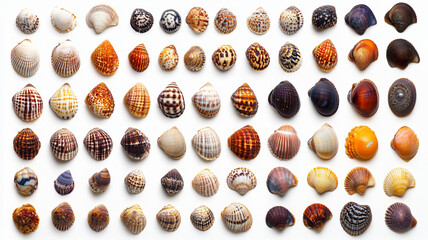 Seashell Collection, an array of shells in various shapes on a white background.
