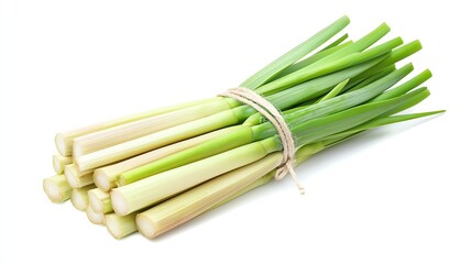 Fresh bunch of lemongrass stalks tied together, displaying vibrant green leaves and pale yellow bases, perfect for culinary use and garnishing dishes.