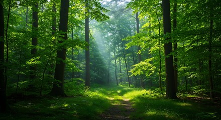 Obraz premium Sunlit Forest Path Green Trees Nature Photography