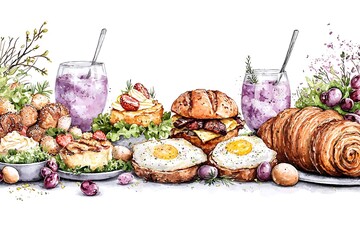 Easter day brunch feast watercolor style culinary delights festive atmosphere tabletop view