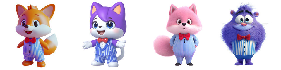 Obraz premium Set of a purple anthropomorphic fox, isolated on a transparent background.