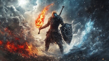 Mighty Warrior Fire and Ice Battlemage Fantasy Art