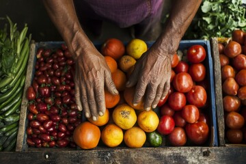 Hands of Vendor Sorting Fresh Produce in Market Display