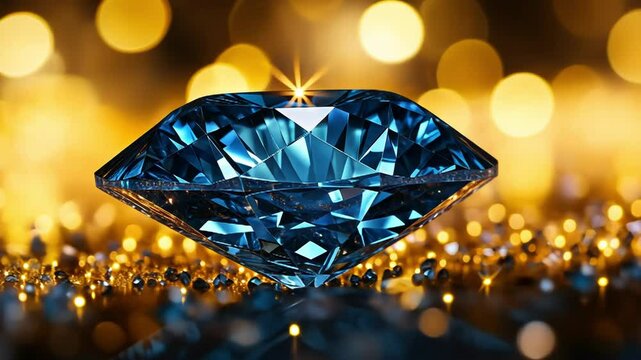 A stunning blue diamond glistening against a golden bokeh background.