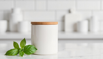 White jar with wooden lid and fresh basil leaves on marble countertop