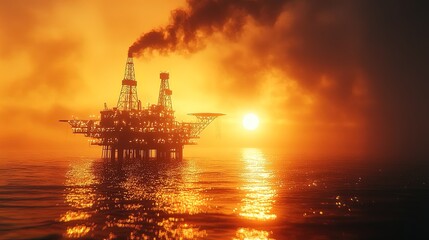 Obraz premium Sunset over an oil rig, the platform illuminated by golden light reflecting on the water
