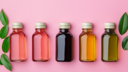 Three bottles of oil and two bottles of oil with leaves on a pink background