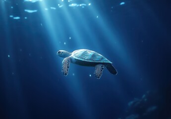 Obraz premium Tranquil Sea Turtle Swimming Gracefully Beneath the Sunlit Waves in an Underwater Paradise Full of Serenity and Natural Beauty