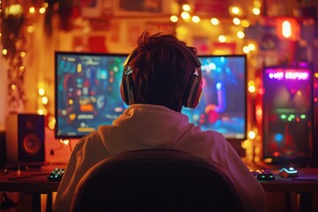 Fototapeta premium Gamer plays video game at night in colorful room