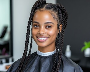 Woman with long hair getting haircut in modern salon with professional stylist