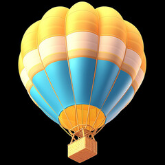 A hot air balloon in yellow and white colors, cartoon style, 3D rendering