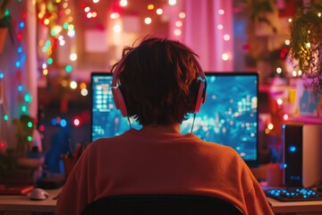 Obraz premium Teen gamer plays video game at night, colorful lights in background; ideal for online gaming articles