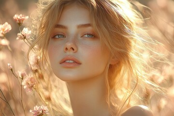 Fototapeta premium Beautiful Asian Woman Portrait in Soft Light with Floral Background