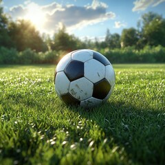 Realistic Soccer Ball on Grassy Field with Morning Light
