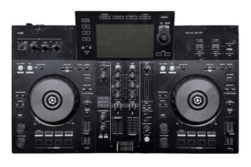 old used all-in-one DJ mixer system witth large jog wheels  and controls 