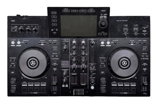 old used all-in-one DJ mixer system witth large jog wheels  and controls 