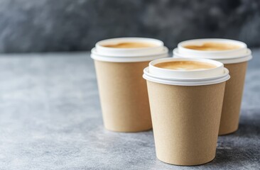 Three takeaway cups of coffee with latte art on a gray surface.