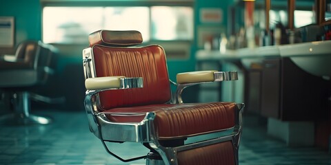 Retro Barber Chair with Leather Upholstery in Vintage Salon Setting Perfect for Hair Styling and...