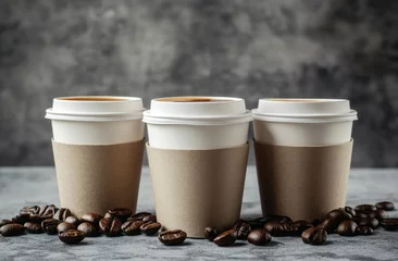  Three takeaway coffee cups with coffee beans. © artwiyanastudio