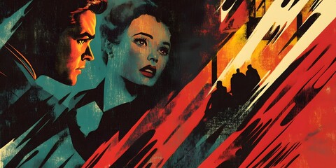 Fototapeta premium Captivating Retro Movie Poster from the 1950s Featuring Dramatic Characters and Vibrant Color Design