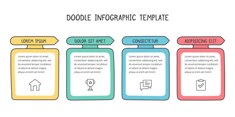 Four hand drawn arrows with frames for text, doodle infographics, vector eps10 illustration