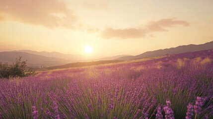Fototapeta premium Lavender field with mountains at sunset in the background creates peaceful atmosphere