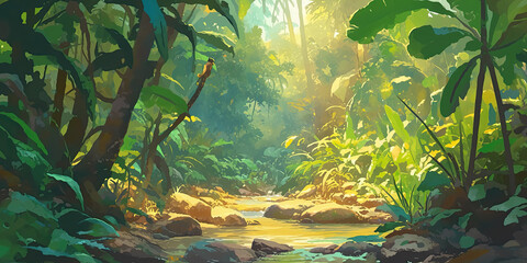 Anime style jungle background, deep rainforest green vibrant backdrop, nature scene cartoon graphics
