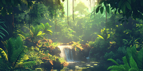 Anime style jungle background, deep rainforest green vibrant backdrop, nature scene cartoon graphics