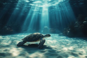 Fototapeta premium Underwater Scene with Sea Turtle Swimming Near Seabed Surrounded by Rays of Light and Soft Coral Reefs in a Vibrant Marine Environment