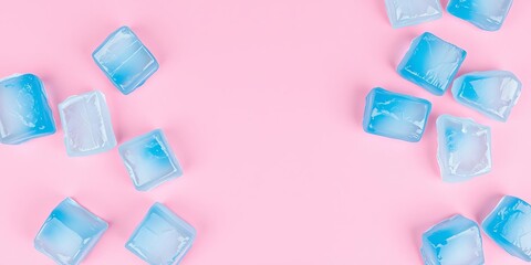 Frame of blue ice cubes arranged neatly on a soft pink background with negative space in the center for text, creating a minimalist and cold ice therapy concept, frozen, texture, pink background
