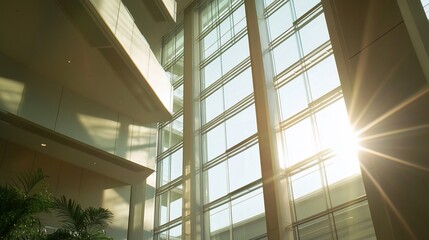 Architectural interior with sunlight streaming through large glass windows creating a warm glow