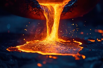 Molten metal pours from a crucible, glowing intensely. Ideal for industrial, power, or energy concepts.