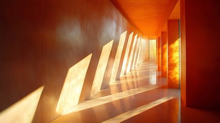 Obraz premium Warm light streams through angled hallway creating vibrant orange ambiance. AI Generated