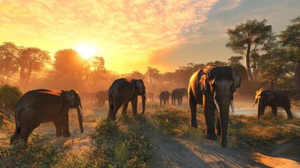 Fototapeta premium A majestic herd of elephants walks during a vibrant orange sunset safari scene