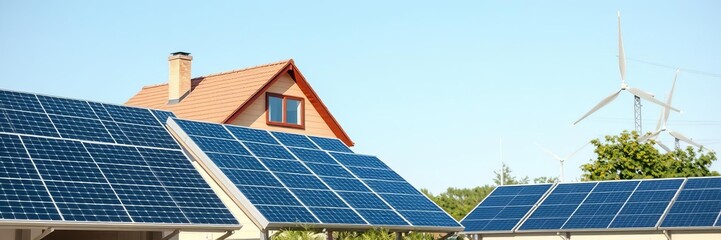 Fototapeta premium Happy family of four standing in front of a modern house equipped with solar panels, showcasing alternative sources of energy, power generation, sustainable living, solar panels
