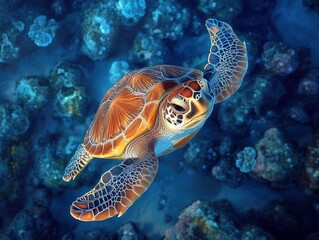 Fototapeta premium Vibrant Sea Turtle Swimming Gracefully Over Colorful Coral Reef in Clear Blue Ocean, Capturing the Beauty of Marine Life and Underwater Ecosystem