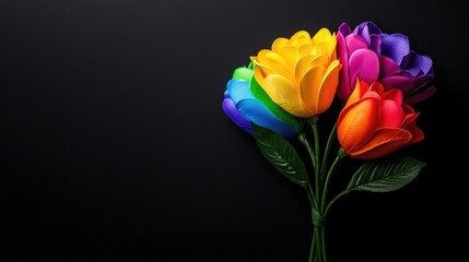 Obraz premium Vibrant rainbow colored artificial flowers arranged in a bouquet against a dark black background.