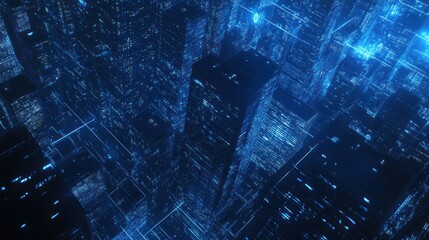 Futuristic Cityscape at Night with Blue Glowing Lines and Digital Elements