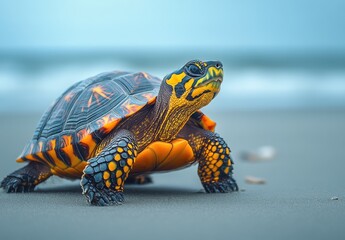 Obraz premium Vibrant Tortoise on Sandy Beach with Ocean in Background, Colorful Shell and Intricate Patterns, Close-Up View, Nature and Wildlife Photography