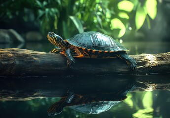 Vibrant Turtle Resting on Log Surrounded by Lush Greenery in Calm Water, Capturing the Beauty of Nature and Wildlife in Tranquil Environment