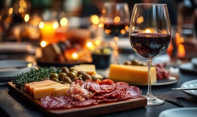 Cozy Dinner Table Setting with Red Wine Charcuterie Board and Inviting Atmosphere