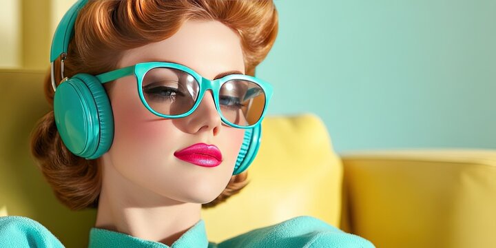 modern photo of 1950s housewife wearing headphones using smartphone 