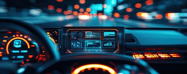 Autonomous vehicle testing concept. Futuristic car dashboard with vibrant display and illuminated controls, showcasing technology in motion.