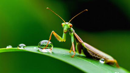 Fototapeta premium Insects, green leaves, water droplets, morning, scenery, dream, background, template