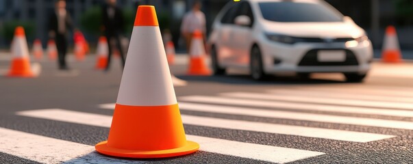 Autonomous vehicle testing concept. Traffic cone on a crosswalk with a car in the background, indicating road construction or temporary road closure.