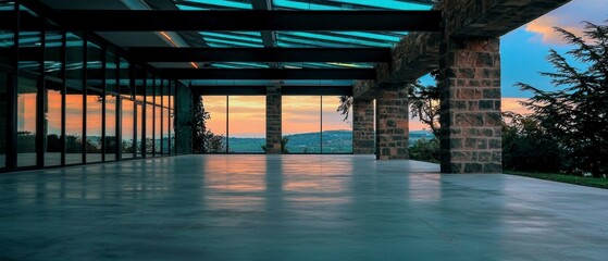 Fototapeta premium Modern Architecture Sunset View Glass Walls Stone Pillars Empty Interior Space