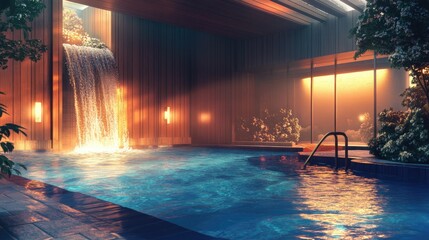 Elegant Hotel Lounge with Indoor Pool: Wooden Walls and a Serene Waterfall Display