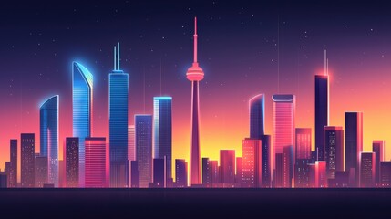 Fototapeta premium Vibrant City Skyline Glowing at Dusk with AI Powered Design