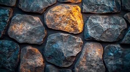 Warm light illuminates textured stone wall. Deep blues and golds create a dramatic aesthetic.. AI Generated