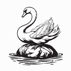 Swan Sitting on a Rock in the Middle of a River Vector Illustration on white background.